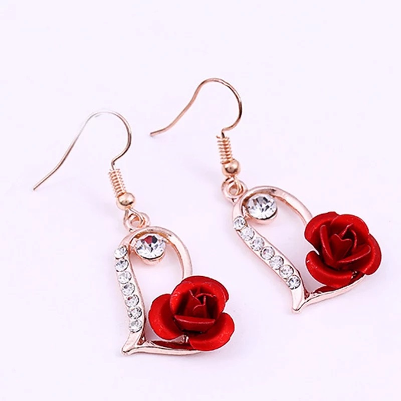 Red Rose Rhinestone Flower Drop Earring