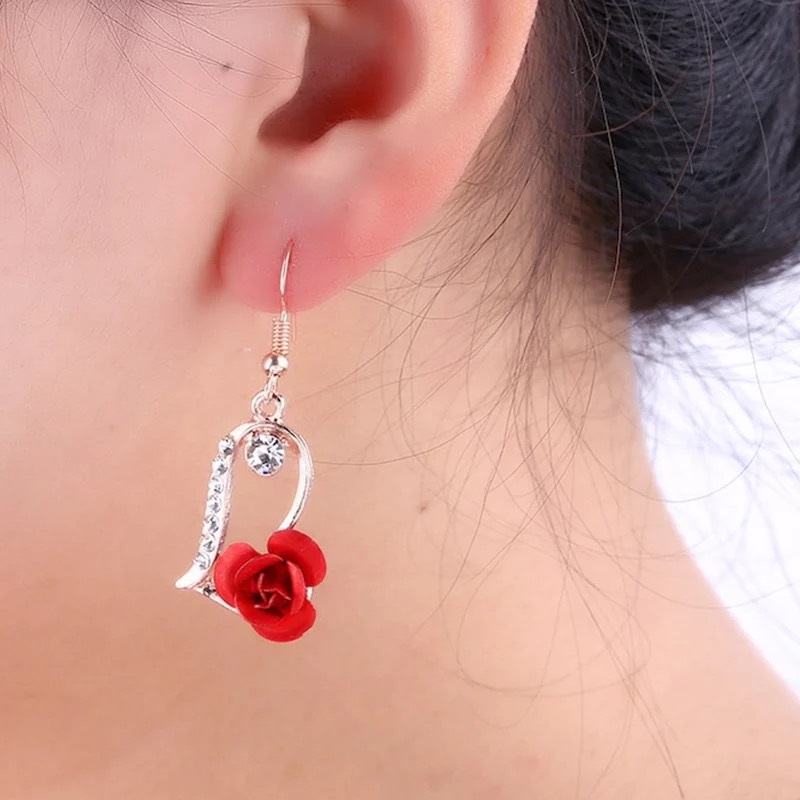 Red Rose Rhinestone Flower Drop Earring