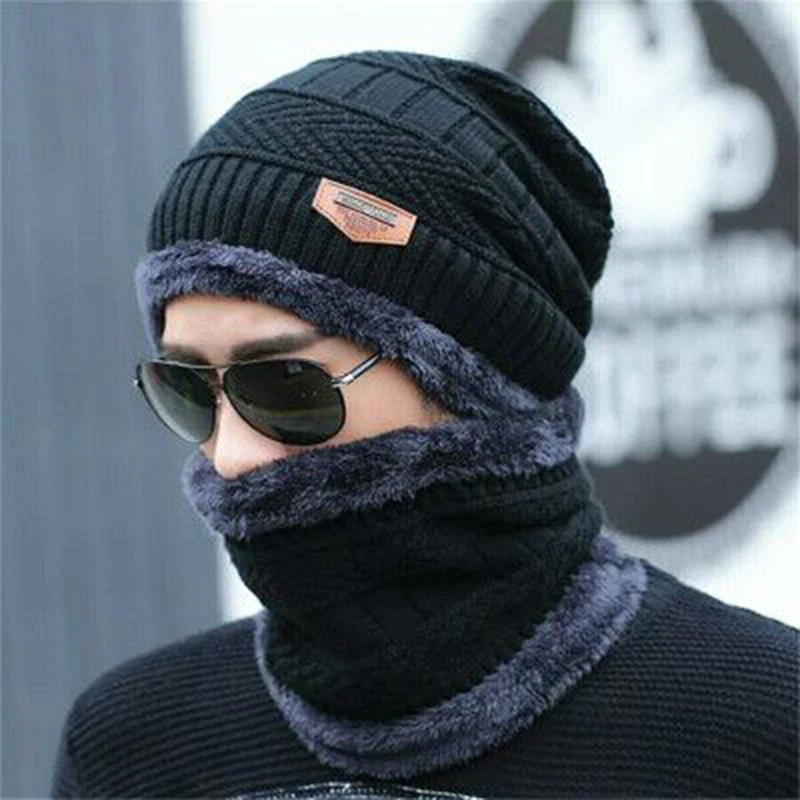 Winter Beanie Hat and Scarf Thermal Knit Hat Skull Cap Black