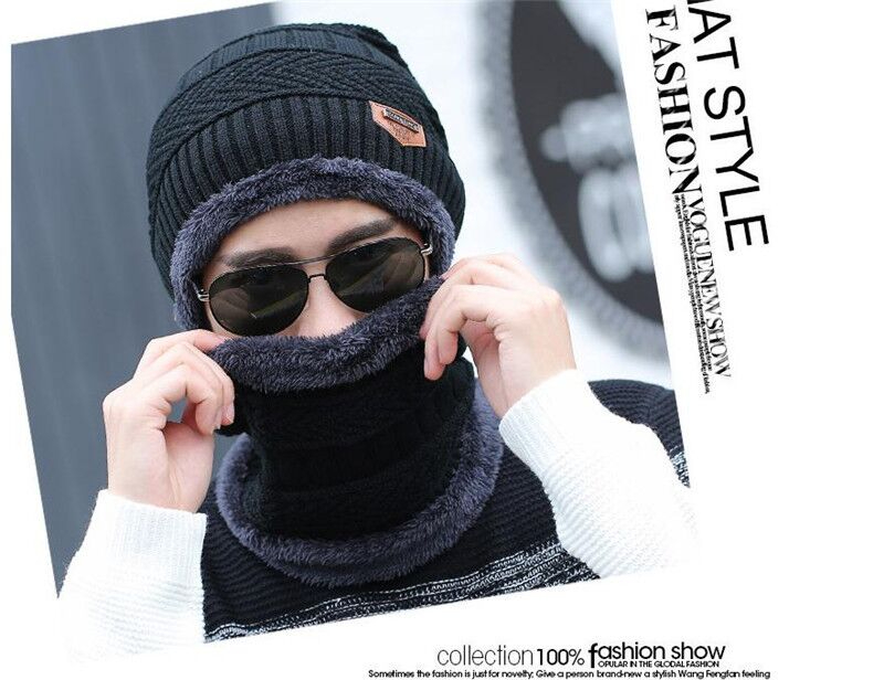Winter Beanie Hat and Scarf Thermal Knit Hat Skull Cap Black