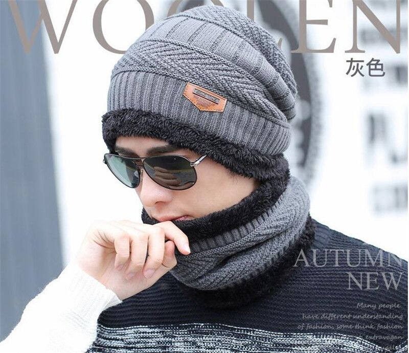 Winter Beanie Hat and Scarf Thermal Knit Hat Skull Cap Gray