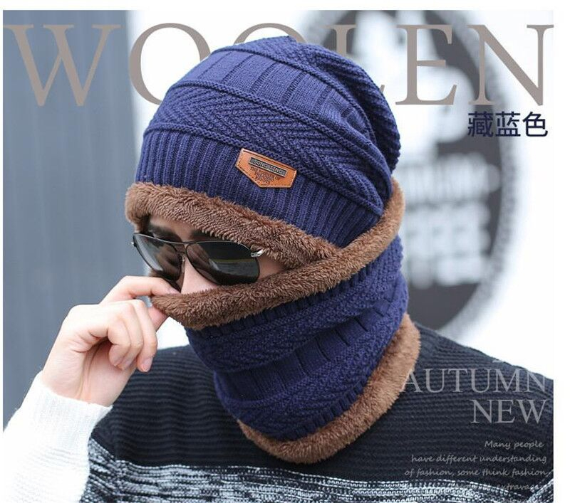Winter Beanie Hat and Scarf Thermal Knit Hat Skull Cap Blue