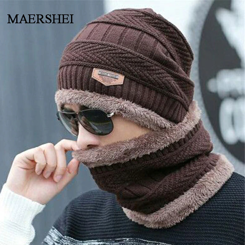 Winter Beanie Hat and Scarf Thermal Knit Hat Skull Cap Brown