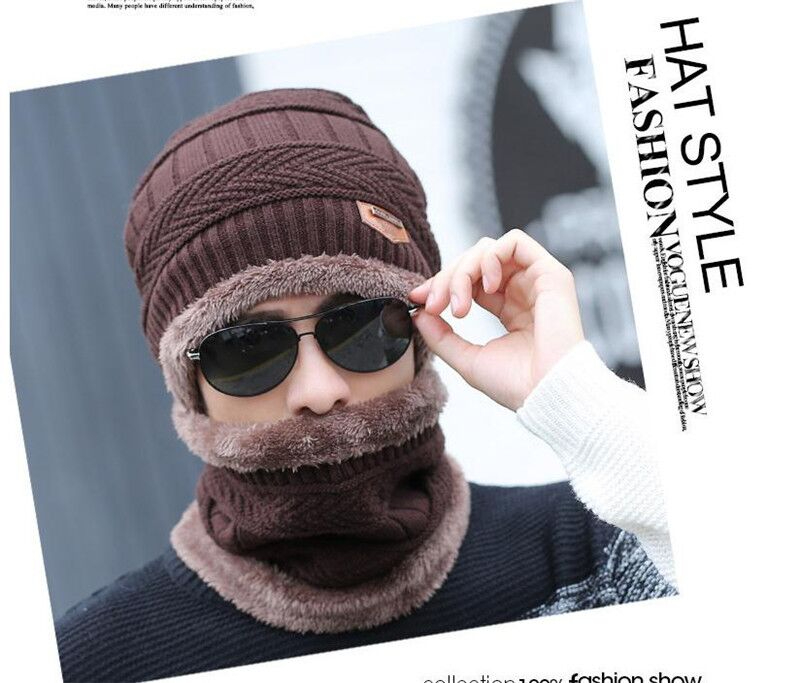 Winter Beanie Hat and Scarf Thermal Knit Hat Skull Cap Brown