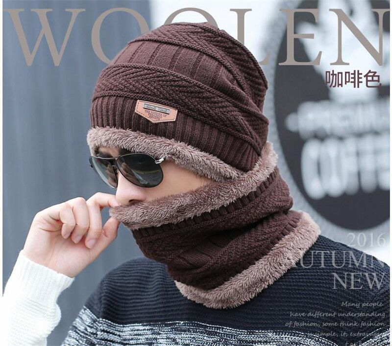 Winter Beanie Hat and Scarf Thermal Knit Hat Skull Cap Brown