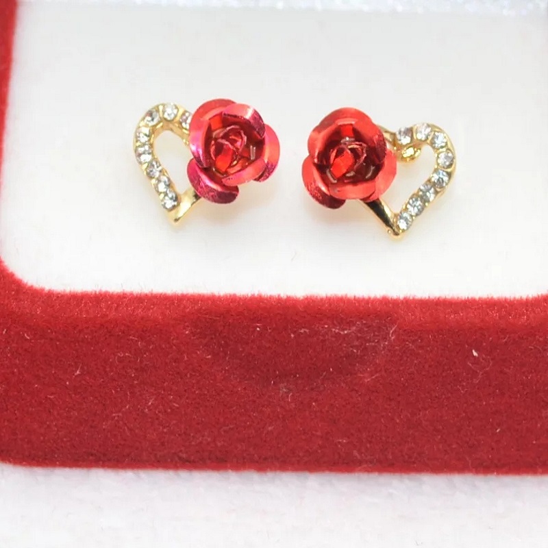 Hot Fashion Charming Trendy Cute Red Rose Wedding Earrings Crystal Rose Flower Earrings Party Jewelry
