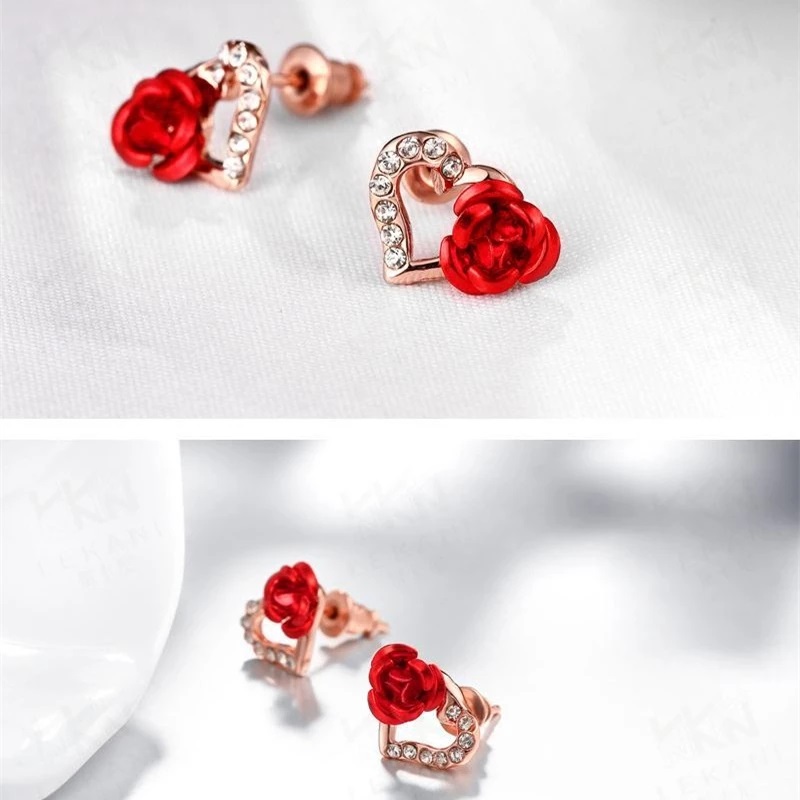 Hot Fashion Charming Trendy Cute Red Rose Wedding Earrings Crystal Rose Flower Earrings Party Jewelry