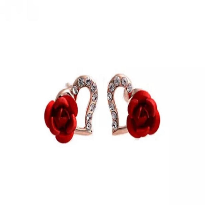 Hot Fashion Charming Trendy Cute Red Rose Wedding Earrings Crystal Rose Flower Earrings Party Jewelry