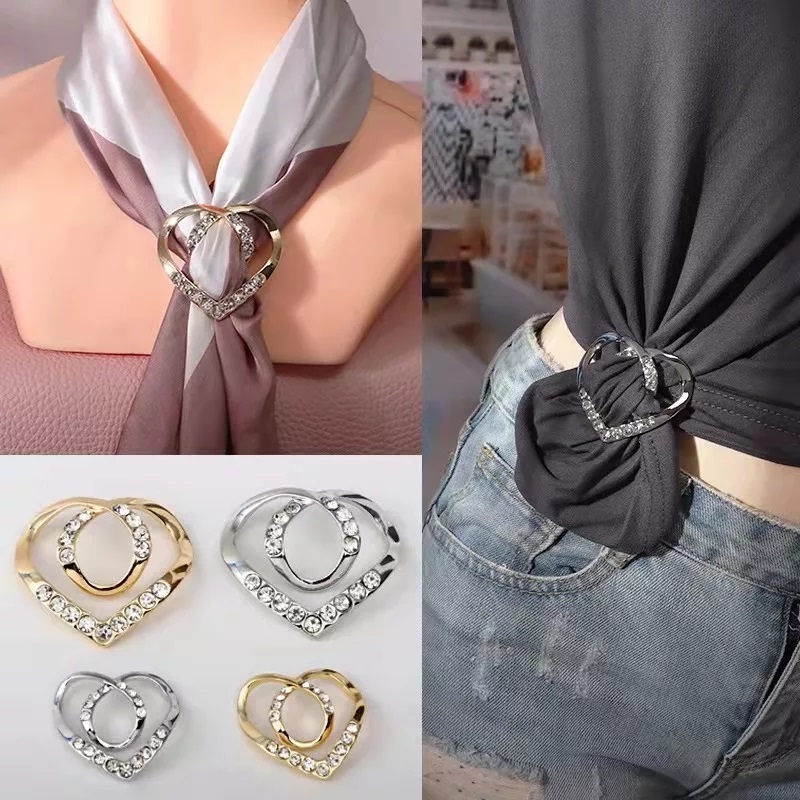 Multi purpose Heart shape Crystal Zircon Scarf Buckle Clip Brooches Bow Scarves Holder clothes knot tier Shawls knotter Jewelry