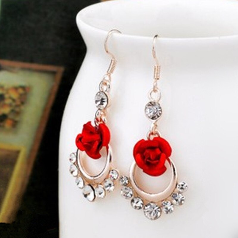 Rose Earrings Rose Gold Color Crystal Rhinestone Pearl Women Gifts Wedding Jewelry