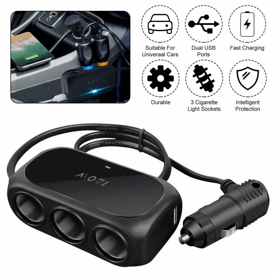 3 Way Universal Car Cigarette Lighter Socket Splitter LED Dual USB Charger Power Adapter Black