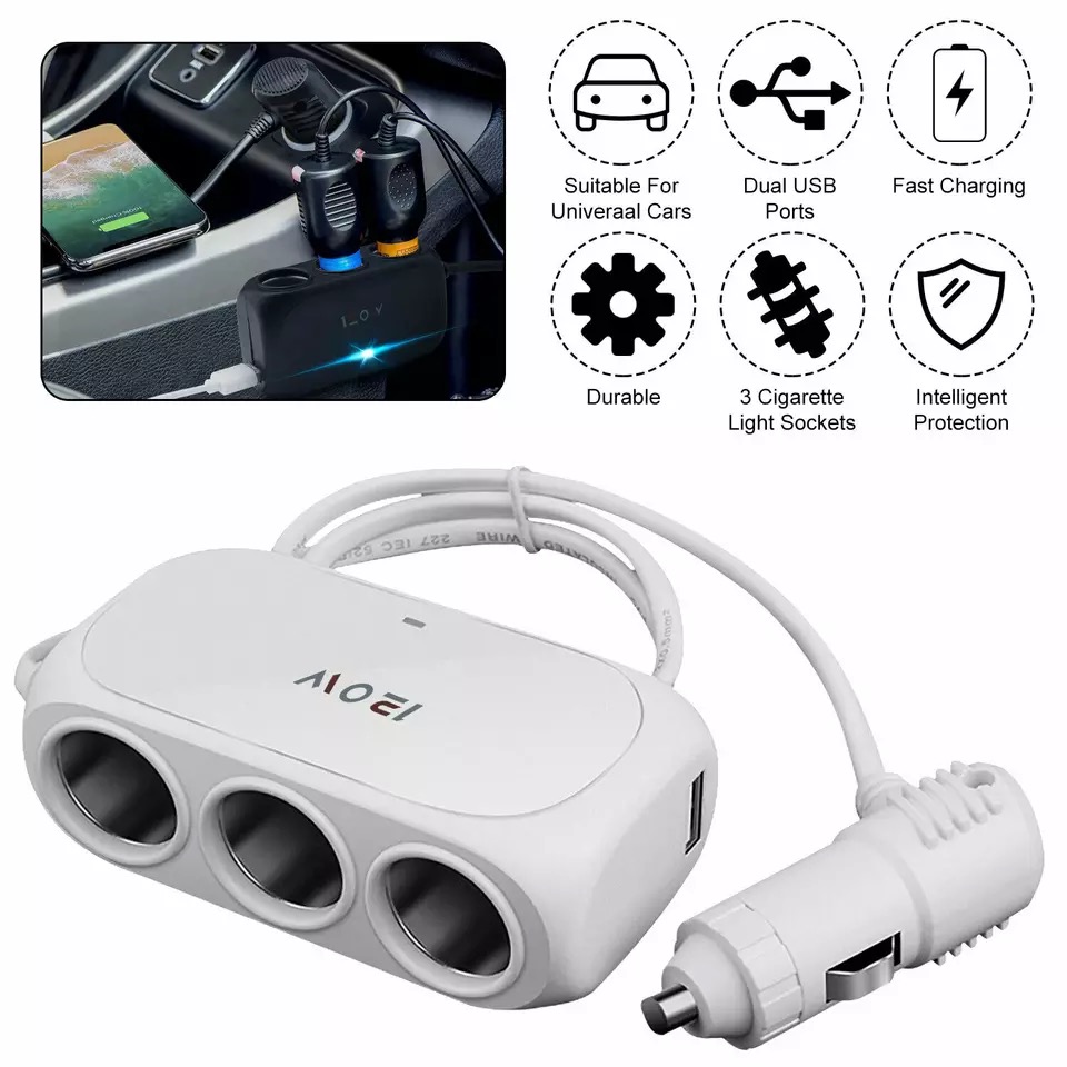 3 Way Universal Car Cigarette Lighter Socket Splitter LED Dual USB