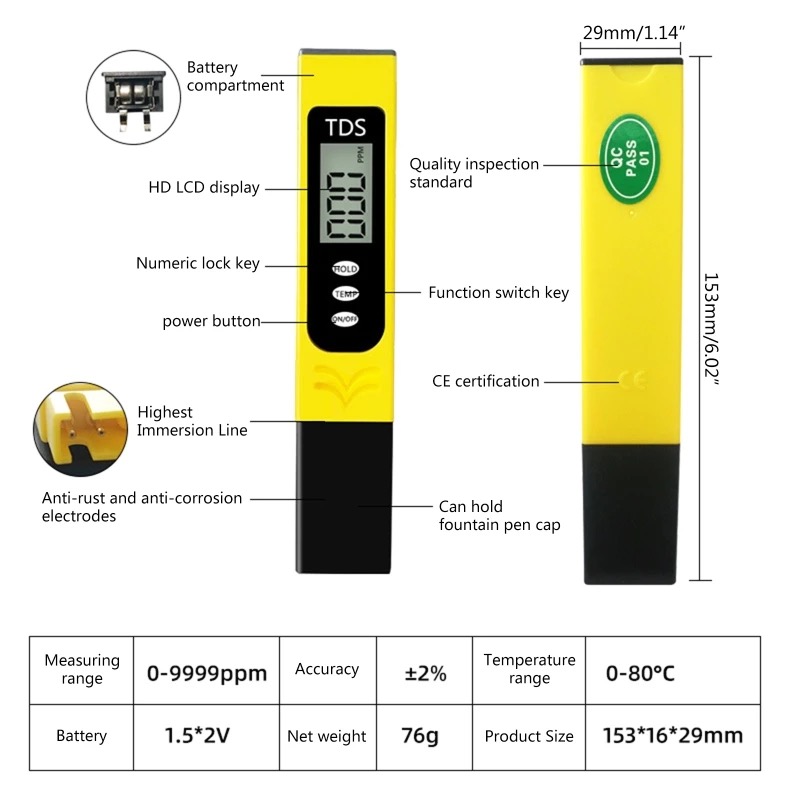 TDS Tester Digital LCD Water Quality Testing Pen for Household Tap Water Swimming Pools Aquarium