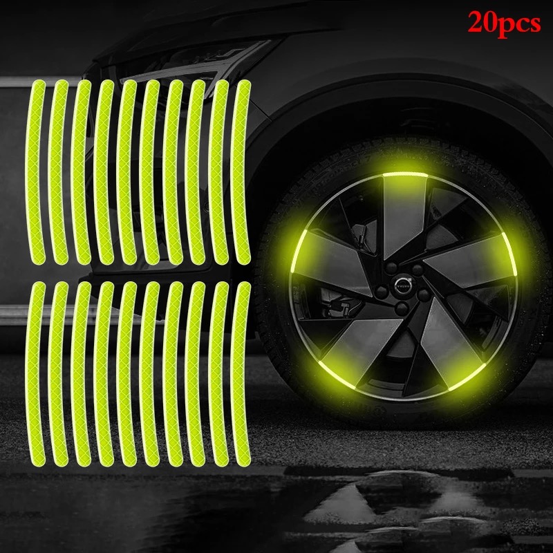 20 Pcs Car Wheel Hub Reflective Sticker Tire Rim Reflective Strips Luminous Sticker for Night Driving Green