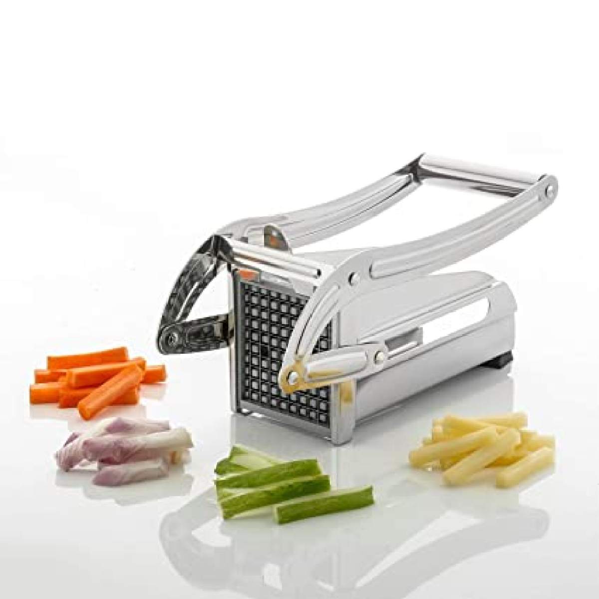 Stainless Steel Potato Chopper Vegetable French Fries Chips Cutter with 2 Blades (Silver)