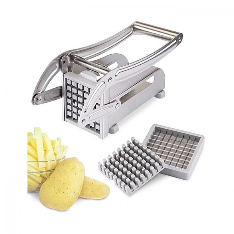 Stainless Steel Potato Chopper Vegetable French Fries Chips Cutter with 2 Blades (Silver)