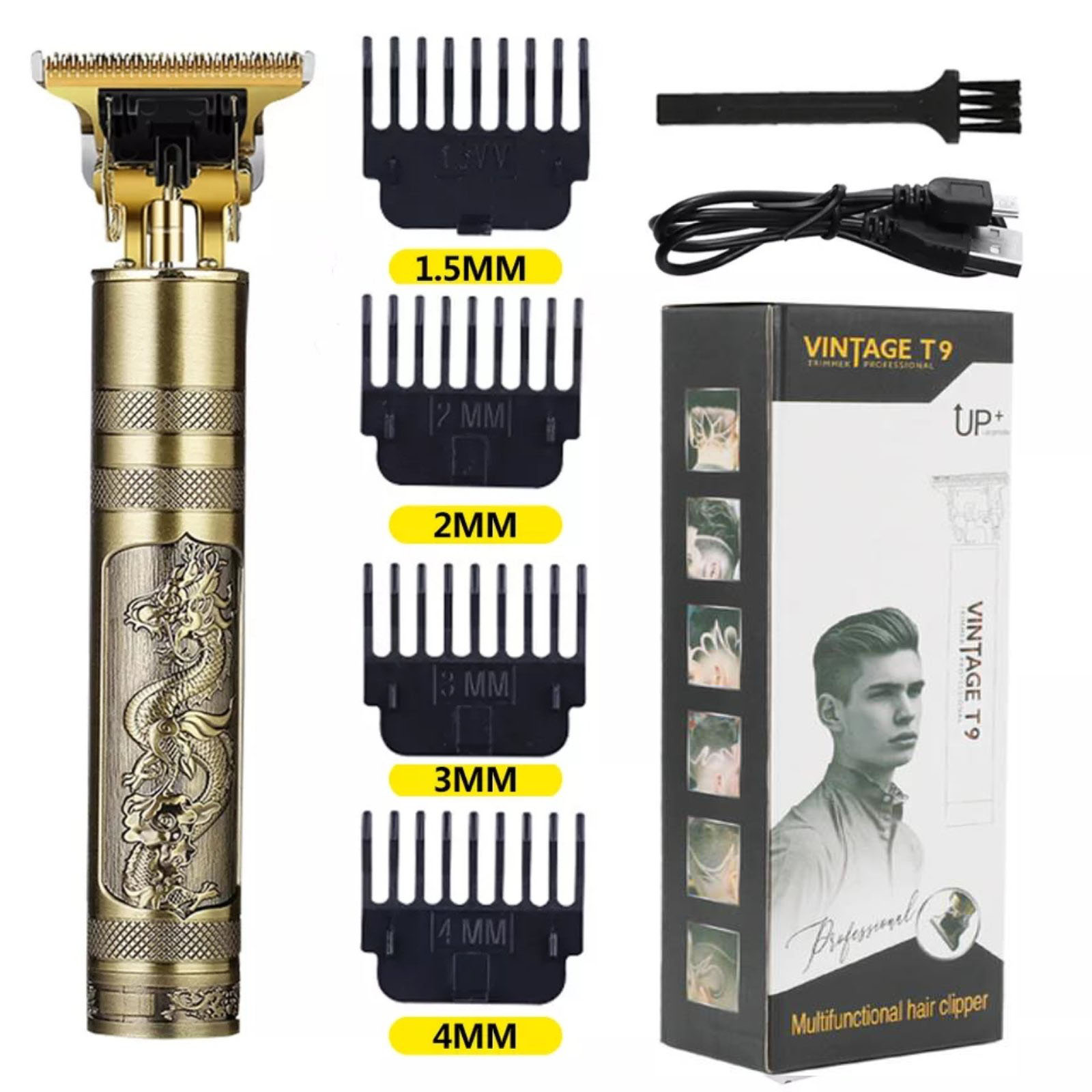 Professional Vintage T9 Golden Dragon Hair Trimmer Metal RECHARGEABLE Electric Hair CLIPPER Cutting Machine Professional Hair Barber Trimmer For Men CORDLESS steel body