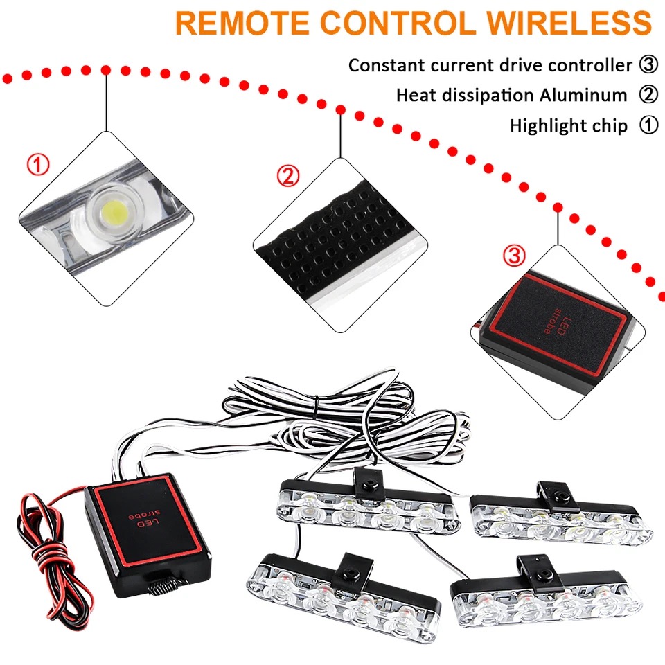 4X4 LED Wireless Remote Strobe Light Police Light For Emergency Warning Flashing Firemen Car Interior Light 12V