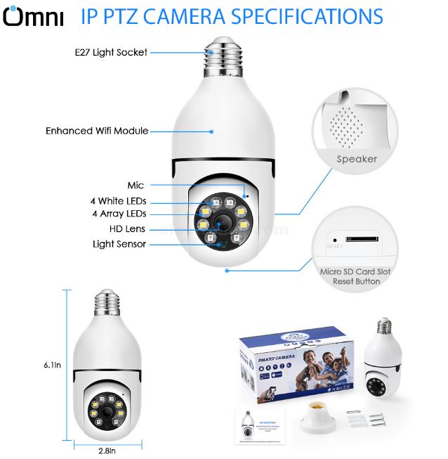 PIX-LINK IPC App Bulb camera 1080p WIFI 360 Degree Panoramic Night Vision Two-Way Audio Motion Detection