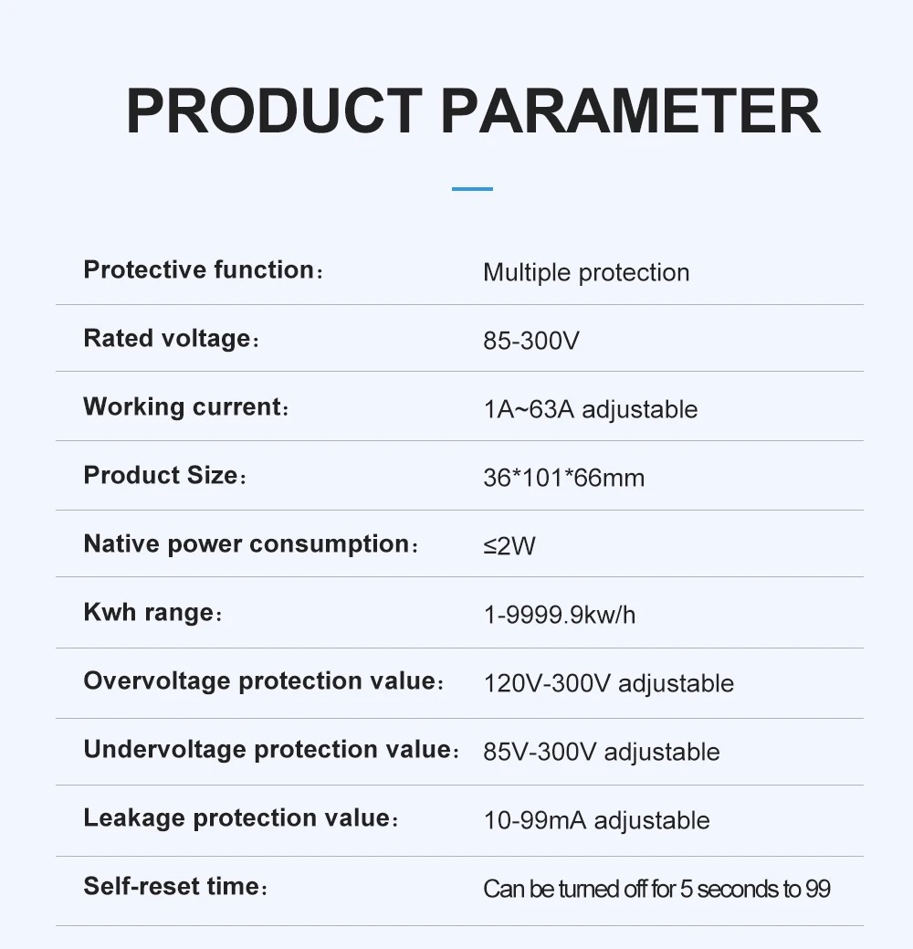 TOMZN 63A 220V Smartlife WIFI Energy Meter Kwh Metering Switch Timer With Voltage Current and Leakage Protection