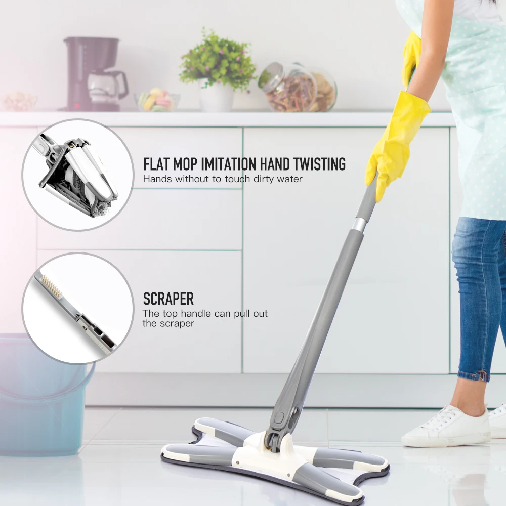 360 Degree Squeeze Mop Hand-free Mop X-type Flat Floor Mop With Replace Cloth Heads Wash Household Lazy Mop Home Cleaning Tool