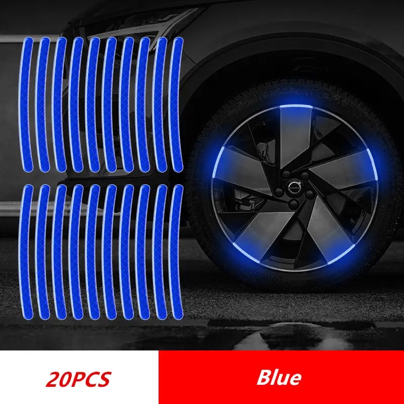 20 Pcs Car Wheel Hub Reflective Sticker Tire Rim Reflective Strips Luminous Sticker for Night Driving Blue