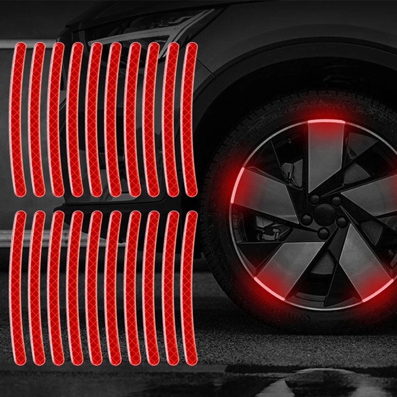 20 Pcs Car Wheel Hub Reflective Sticker Tire Rim Reflective Strips Luminous Sticker for Night Driving Red