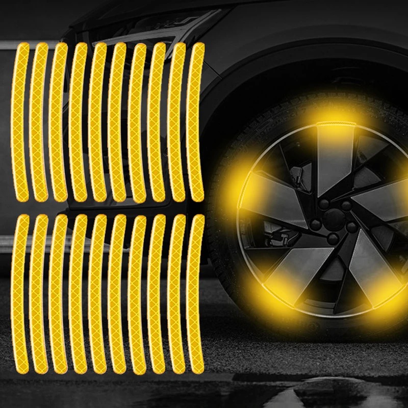 20 Pcs Car Wheel Hub Reflective Sticker Tire Rim Reflective Strips Luminous Sticker for Night Driving Yellow