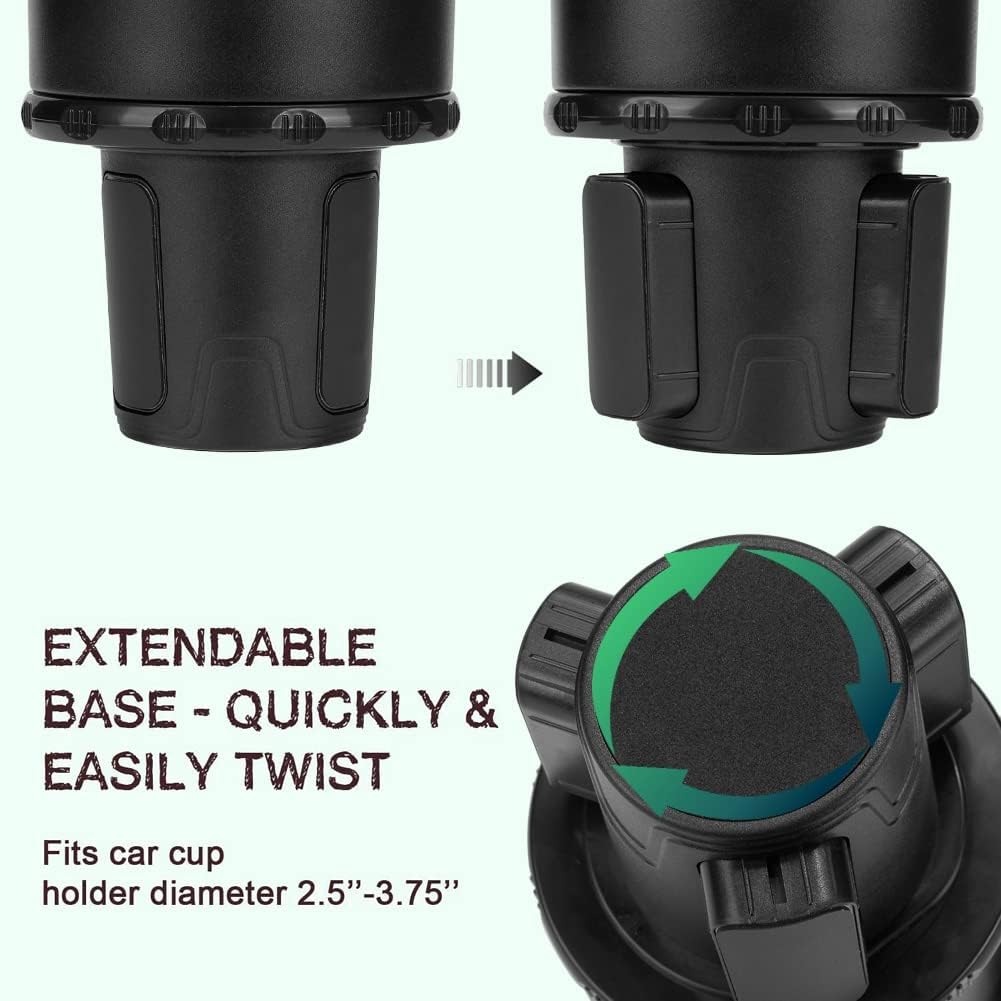 Car Cup Holder Expander Tray 3-in-1 Multifunctional with 360° Rotating Adjustable Base, Black Plastic, Fits Standard Cup Holders