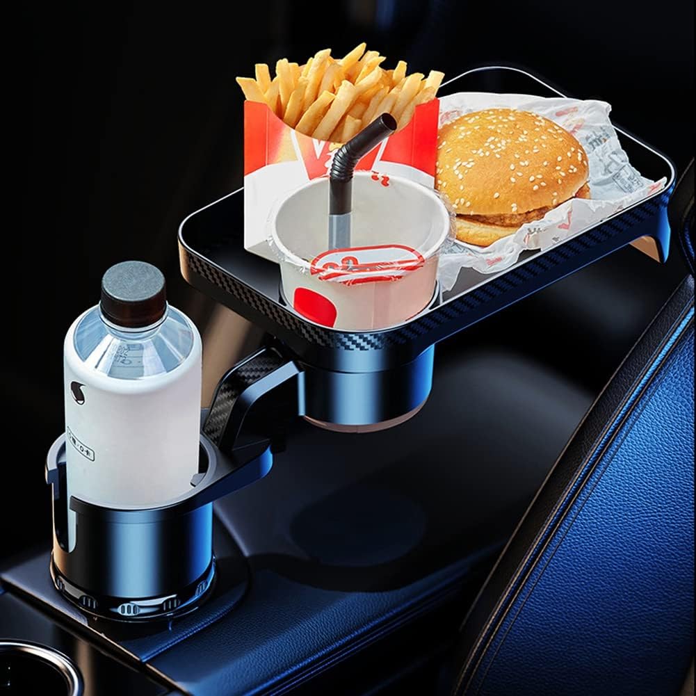 Car Cup Holder Expander Tray 3-in-1 Multifunctional with 360° Rotating Adjustable Base, Black Plastic, Fits Standard Cup Holders