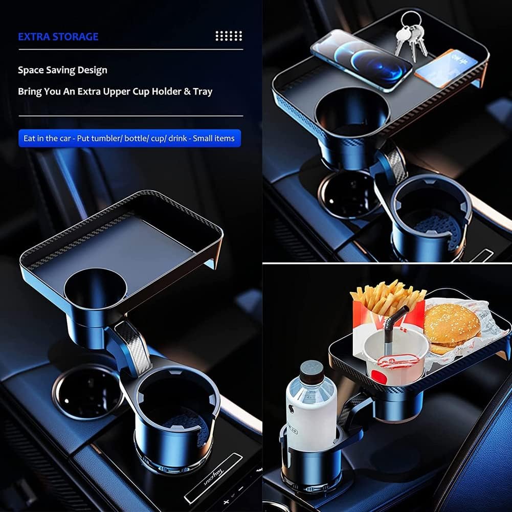 Car Cup Holder Expander Tray 3-in-1 Multifunctional with 360° Rotating Adjustable Base, Black Plastic, Fits Standard Cup Holders