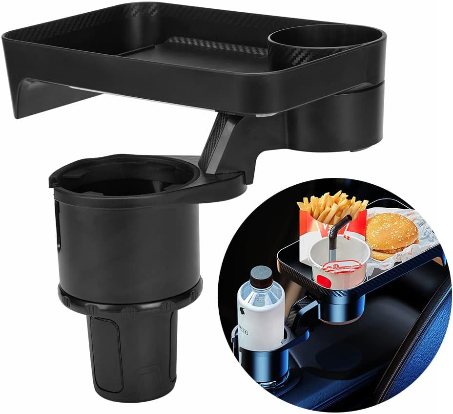 Car Cup Holder Expander Tray 3-in-1 Multifunctional with 360° Rotating Adjustable Base, Black Plastic, Fits Standard Cup Holders