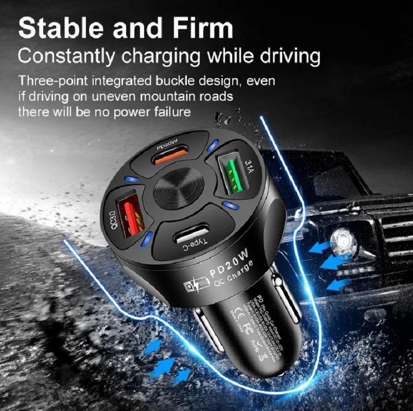 4 Ports Smart Phone Charger with Blue LED PD20W+Type-C+2USB