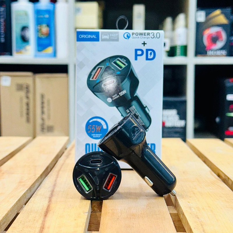 55W Fast 2 USB 1 PD Car Charger Quick Power Charge 3.0A