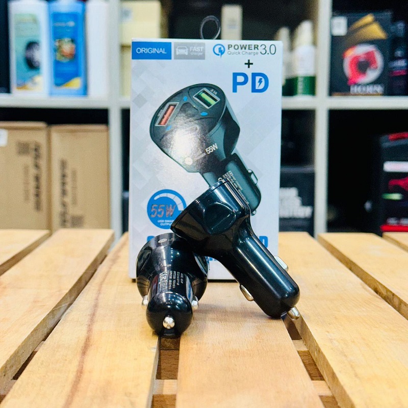 55W Fast 2 USB 1 PD Car Charger Quick Power Charge 3.0A