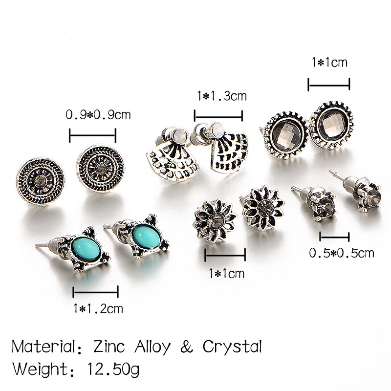 Natural Stone Crystal Stud Earrings Charming Retro Silver