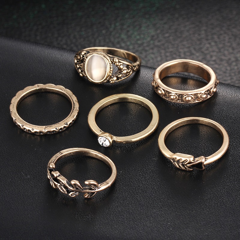 Pack of 6 Rings Vintage Leaf Jewelry Unique Carving Rings