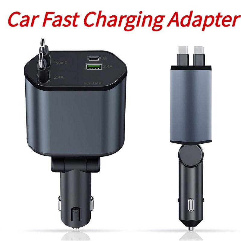 New Car Charger Mini 4in1 Retractable Cable Type-C Fast Charging With Metal Body
