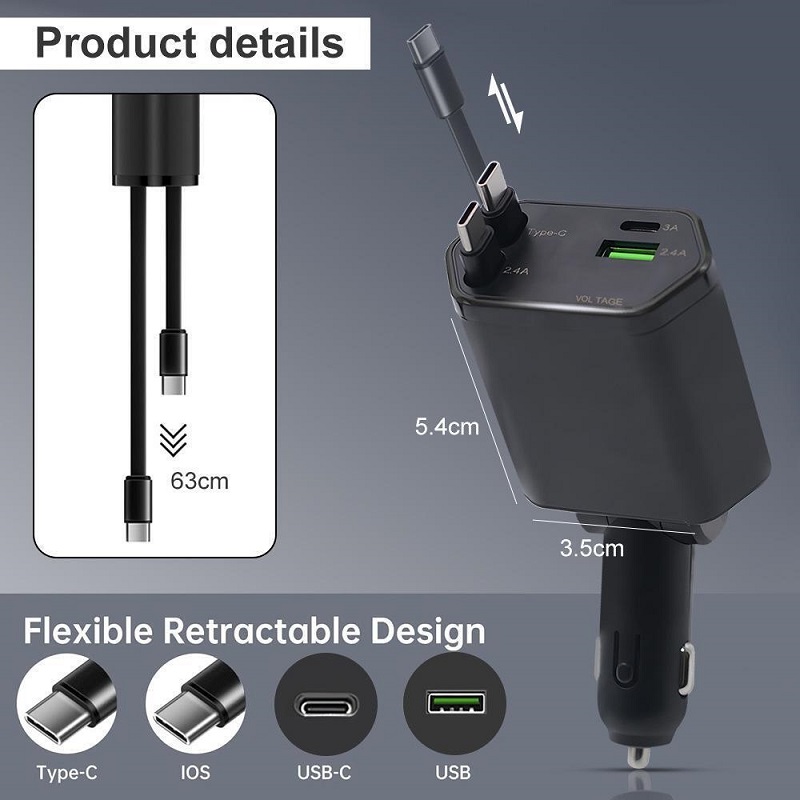 New Car Charger Mini 4in1 Retractable Cable Type-C Fast Charging With Metal Body