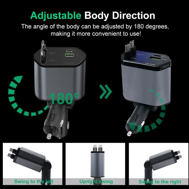 New Car Charger Mini 4in1 Retractable Cable Type-C Fast Charging With Metal Body