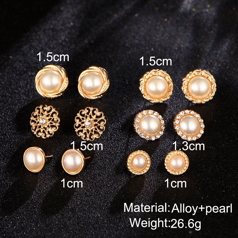 6 Pairs Gold Color Flower Hollow Stud Earring Vintage Crystal