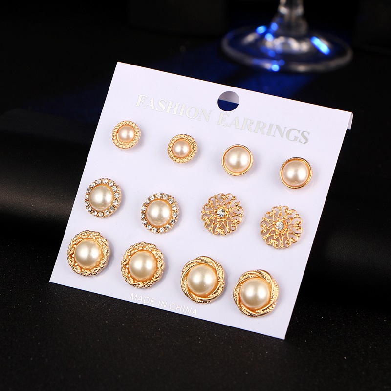 6 Pairs Gold Color Flower Hollow Stud Earring Vintage Crystal