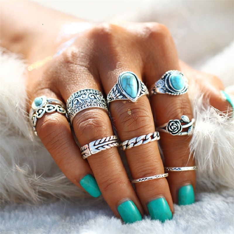 Pack of 10 Rings Rose Heart Midi Ring Sets Vintage Silver
