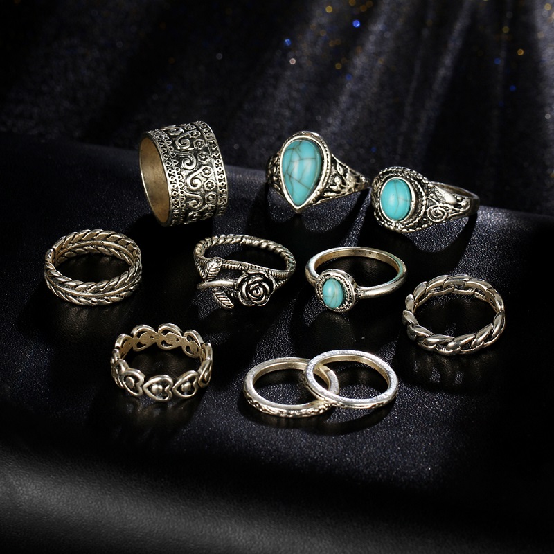Pack of 10 Rings Rose Heart Midi Ring Sets Vintage Silver