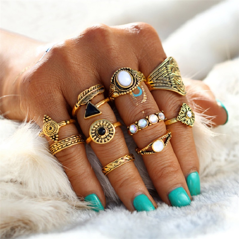 Pack of 10 Rings Leaf Stone Midi Ring Sets Rings Gold