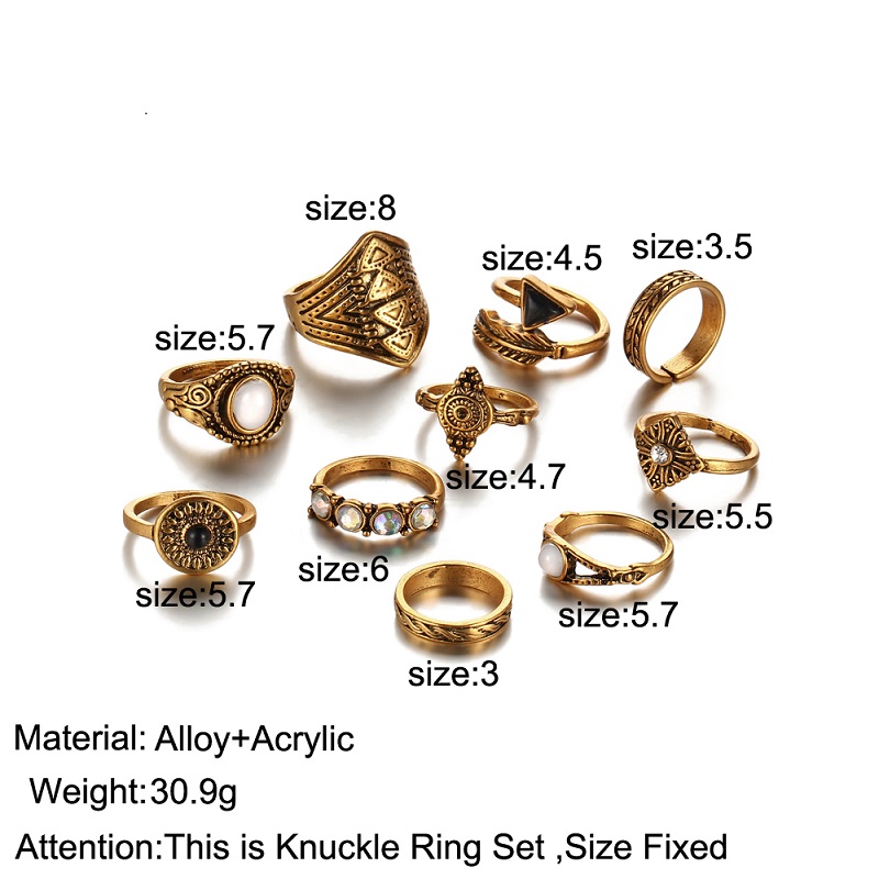 Pack of 10 Rings Leaf Stone Midi Ring Sets Rings Gold