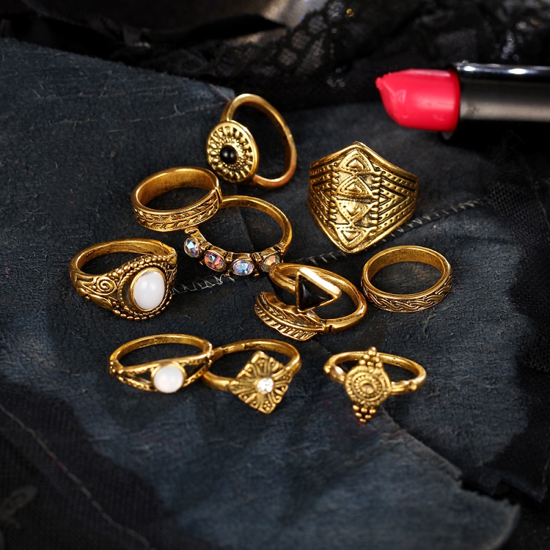 Pack of 10 Rings Leaf Stone Midi Ring Sets Rings Gold