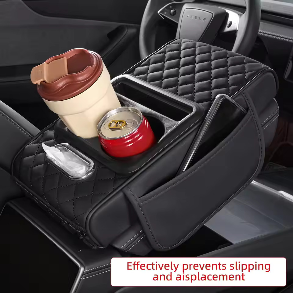 Multifunctional Car Armrest Cushion, Leather Center Console Cover with Tissue Box and Cup Holder