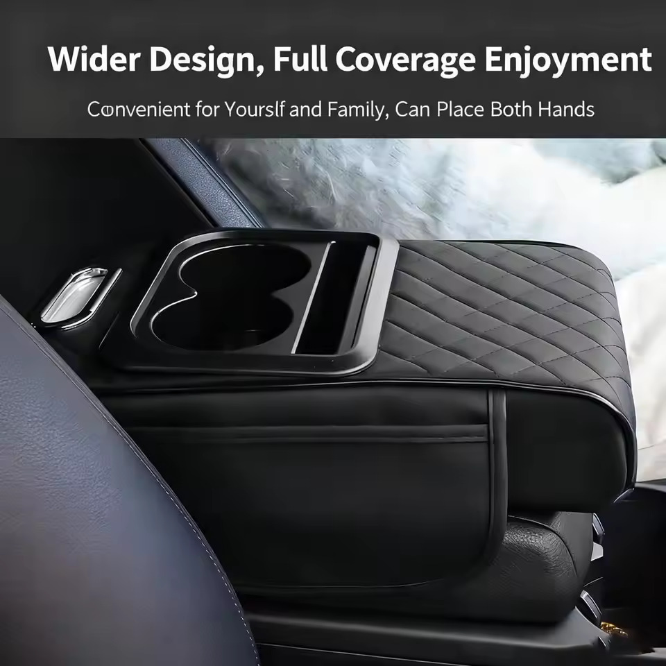 Multifunctional Car Armrest Cushion, Leather Center Console Cover with Tissue Box and Cup Holder