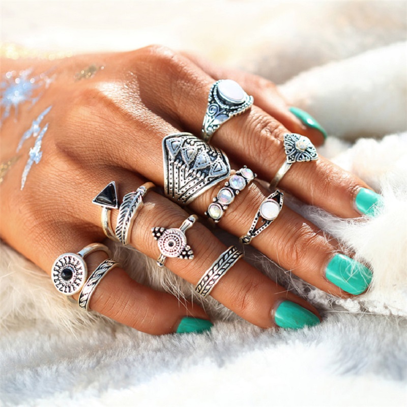 Pack of 10 Rings Leaf Stone Midi Ring Sets Rings Silver
